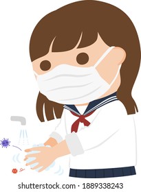 Illustration of a mask female student. A girl washing her hands.