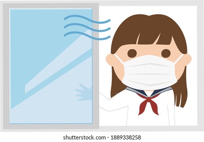 Illustration of a mask female student. A girl who opens the window and ventilates.