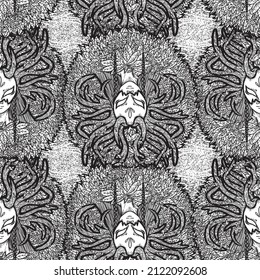 An illustration of a mask figure as a forest guardian, crown with impressive antlers and surrounded by greenery. A digital line art illustration of a fantasy and mythical figure.