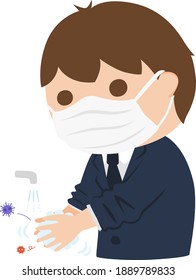 Illustration of a mask male student. A boy washing his hands.