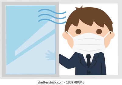 Illustration of a mask male student. A boy who opens the window and ventilates.