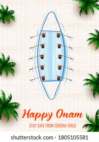 illustration of mask snakeboat race in holiday celebration background for Happy Onam festival of South India Kerala showing wear mask and stay safe during Corona