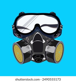 illustration, mask, vector, black, respirator, isolated, equipment, toxic, gas, gas mask on blue background