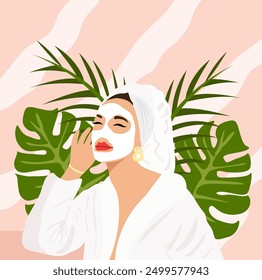 Ilustración de niña enmascarada con hojas tropicales sobre fondo rosa claro.