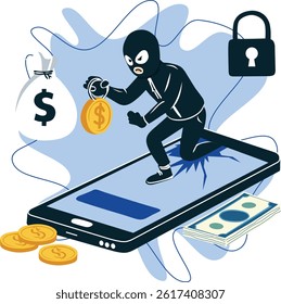 Illustration of a masked thief climbing out of a smartphone, grabbing gold coins and a stack of banknotes, with a padlock symbol
