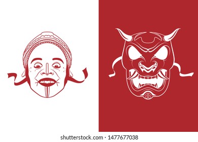 Illustration of masks, African mask and Chinese devil mask