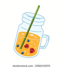 Illustration of a mason jar filled with golden kombucha, featuring raspberries, blueberries, and a green straw. A trendy fermented drink for health-conscious consumers.