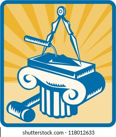 Illustration of masonry trowel, compass, mallet and column set inside square done in retro style on isolated white background.