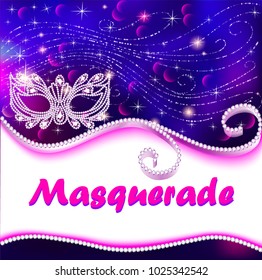 Illustration of a masquerade poster with carnival mask with rhinestones and space for text