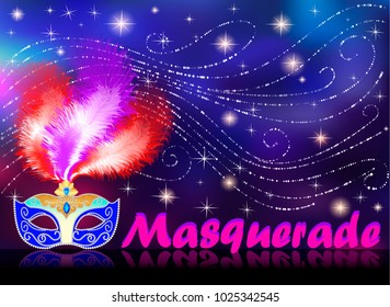 Illustration of masquerade poster with carnival mask with rhinestones and feathers