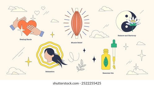 Illustration of massage therapy elements like healing hands, muscle relief, and essential oils in neubrutalism style collection.