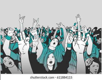 Illustration of massive crowd cheering at a concert