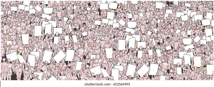Illustration of massive crowd protest with blank signs. Ideal use as background or texture.