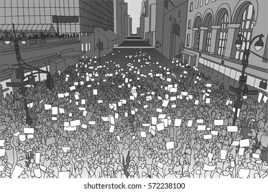 Illustration of massive crowd protesting for human rights in urban environment from high angle view and grey tones