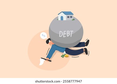 An illustration of a massive house transformed into a crushing weight, symbolizing overwhelming mortgage debt. A man struggles to push the house uphill.