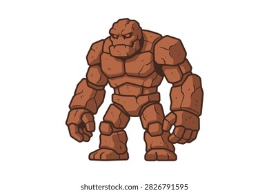 An illustration of a massive rock golem monster with a muscular body and textured stony surface isolated on white background