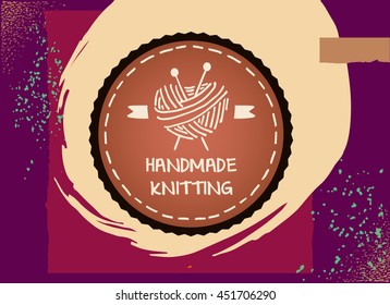 Illustration for master classes in needlework. Ball of yarn in the form of heart and knitting needles. Hand drawn vector logo. Knit and Crochet.