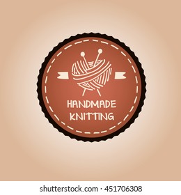 Illustration for master classes in needlework. Ball of yarn in the form of heart and knitting needles. Hand drawn vector logo. Knit and Crochet.