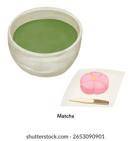 Ilustración de matcha y nerikiri dibujado con lápices de colores