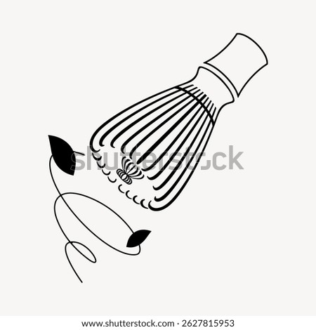 Illustration of a matcha whisk with leaves. The whisk is central, with leaves accentuating the design. Simple, elegant matcha whisk drawing with leaves. Line art illustration vector.