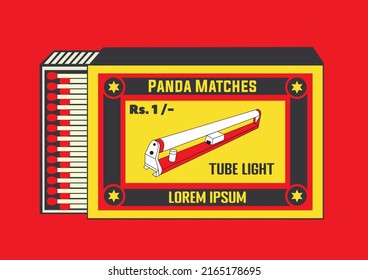 Illustration In Matchbox And Matches Vector Illustration. Vintage And Antique Matchbox Packaging Design Illustration. Tube Light Icon. Retro Style Packaging. Old Style Design. Open Box And Template.