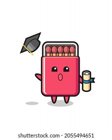 Illustration of matches box cartoon throwing the hat at graduation , cute design
