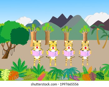 It is an illustration material of the 2022 New Year's card. The tiger is celebrating the New Year by playing and singing. The meaning of the Japanese text is good again this year.
