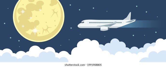 Material de ilustración: avión, cielo, nubes y luna llena