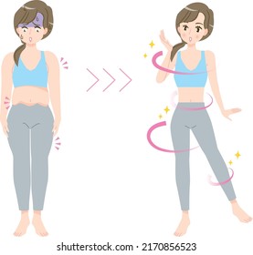 Illustration material of before and after of a woman who succeeded in dieting