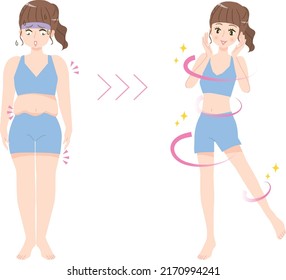 Illustration material of before and after of a woman who succeeded in dieting