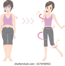 Illustration material of before and after of a woman who succeeded in dieting