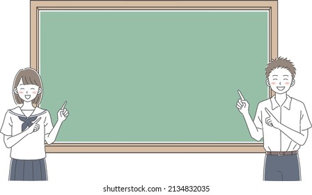 Illustration material of boy and girl standing in front of the blackboard
