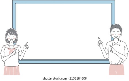 Illustration material of boy and girl standing in front of the whiteboard