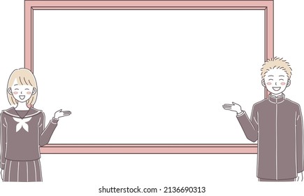Illustration material of boy and girl standing in front of the whiteboard