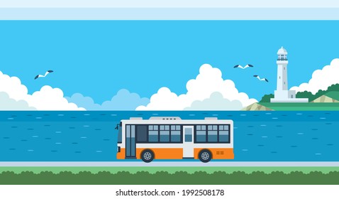 Illustration Material Of Bus, Sea And Lighthouse