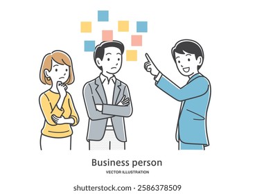 Illustration material of a business person who comes up with various ideas and thinks about plans
