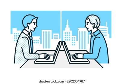 Illustration material of a business person working in an office with skyscrapers in the background.