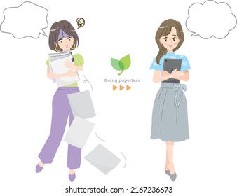Illustration material of a business woman who proposes paperless
