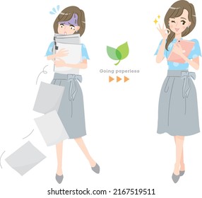 Illustration material of a business woman who proposes paperless