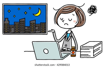 Illustration Material: Business Women Stay Up All Night To Work Overtime