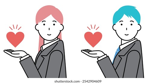 Material de ilustração de homem de negócios e mulher de negócios de coração