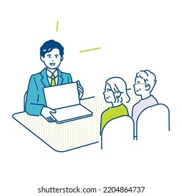 Illustration material of a businessman proposing to an elderly couple. vector.