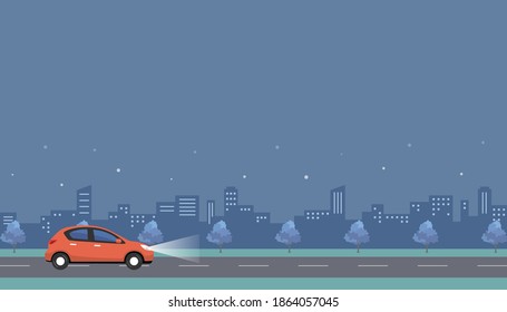 Illustration material: Car running on a dark road at night