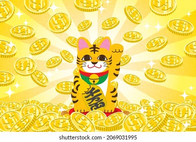 Illustration material of cat figurine that controls business prosperity in Japanese culture