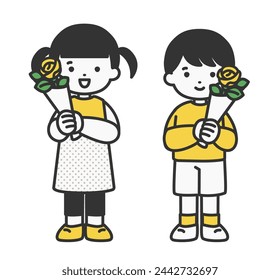 illustration material of a child holding a yellow rose