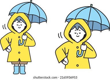 Illustration material of a child wearing a raincoat nodding with his hands on his hips