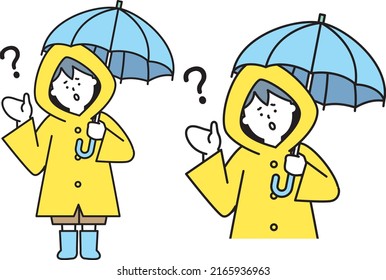 Illustration material of a Child wearing a raincoat who tilts his head and poses Why?