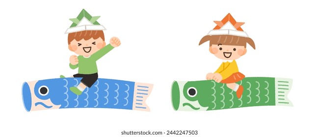 illustration material of children riding a carp streamer