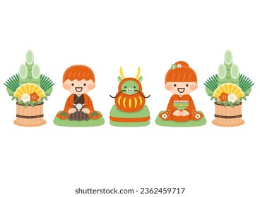 illustration material for children sitting in kadomatsu, daruma, tatsu and kimono
