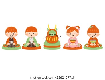 illustration material for children sitting in a rag dragon and kimono